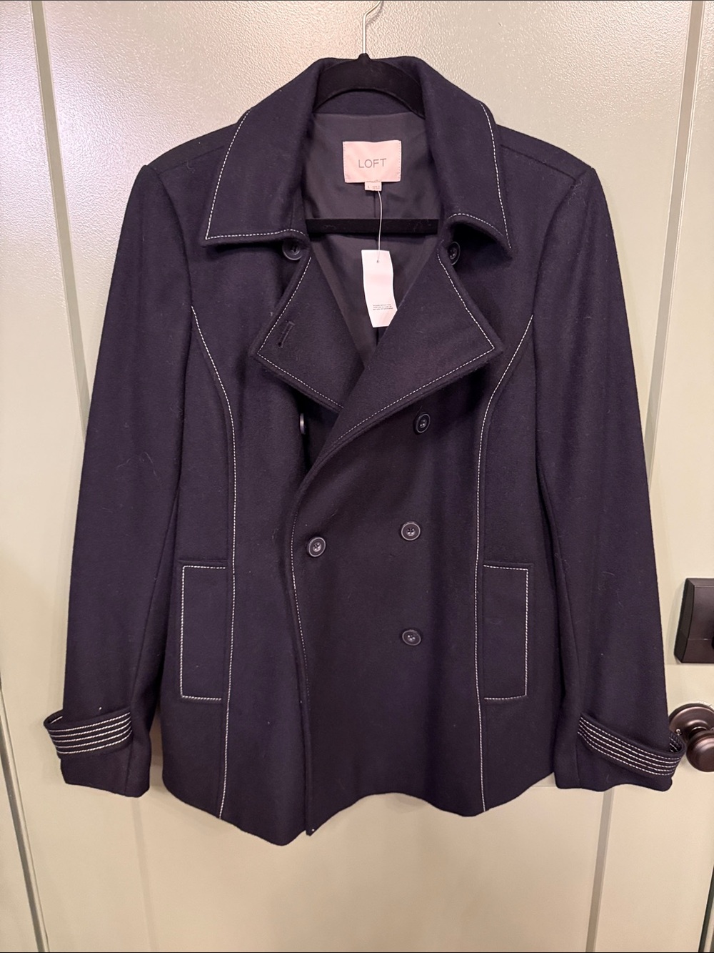 LOFT Navy Double-Breasted Pea Coat with Contrast Topstitching